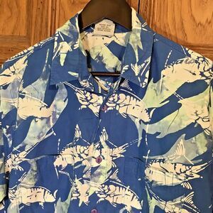 Rum Reggae Hawaiian Shirt Men L Blue Batik Swordfish All Over Print SS Button Up
